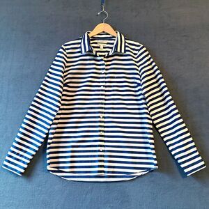 J Crew Striped Button Front Shirt Women's 12 Navy/White Lightweight Boy Cut